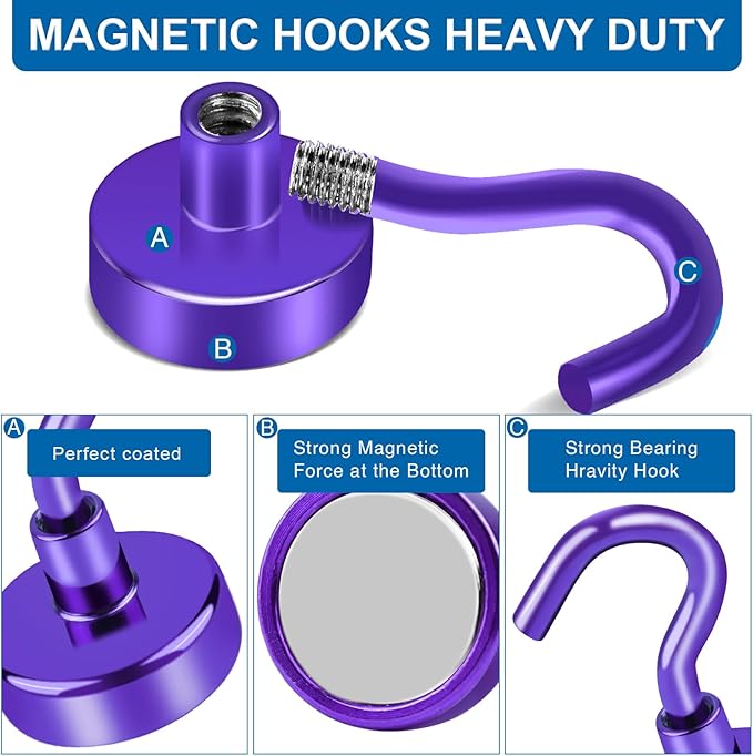 LOVIMAG Cruise Essentials, 170Lbs Cruise Door Magnets, Purple Magnet Hooks for Cruise Cabin Strong Magnetic Hooks for Hanging, Refrigerator, Celling -6 Pack