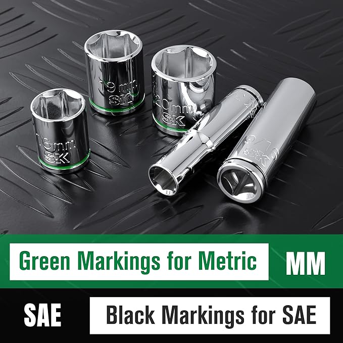 SK 3/8" Drive Socket Set, Metric Sockets, 13-Piece 8-20mm, SuperKrome Finish, Premium CR-V Construction, with Aluminum Socket Organizer