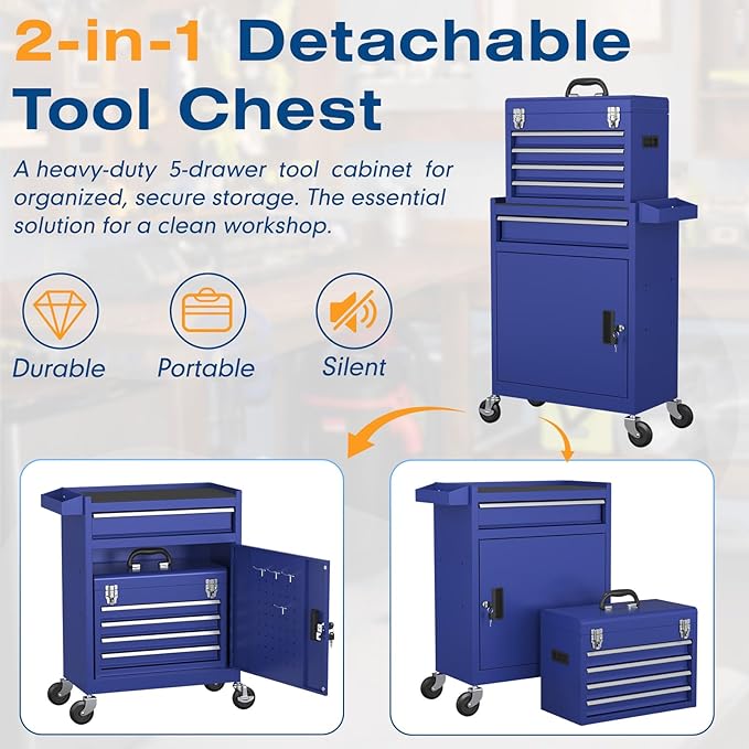 5-Drawers Tool Chest, 2-in-1 Rolling Tool Box with Wheels and Drawers, Detachable Storage Toolbox with Lock, Heavy-Duty Metal Tool Cart for Garage, Workshop (Blue)