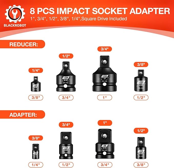 BLACKROBOT Impact Socket Adapter Set 8PCS, 1??/4??/2??3/8??/4?쒾quare Drive, Reducer for Impact Driver Wrench Drive Conversion, Cr-Mo Steel Exceeds ANSI Standards with Portable Case