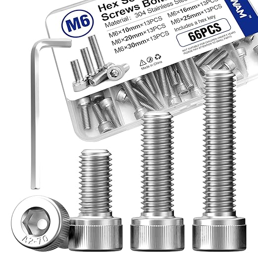 65Pcs M6 Hex Socket Head Screws, Stainless Steel Full Thread Bolts Assortment Kit in 10mm, 16mm, 20mm, 25mm, 30mm