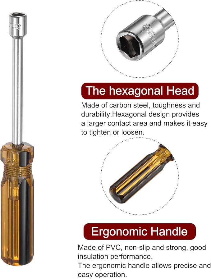 HARFINGTON Metric Hex Nut Screwdriver 8mm Carbon Steel Ergonomic PVC Grip Non-Magnetic Socket Wrench Screwdriver Hand Tool for Automotive Maintenance Home Improvement.