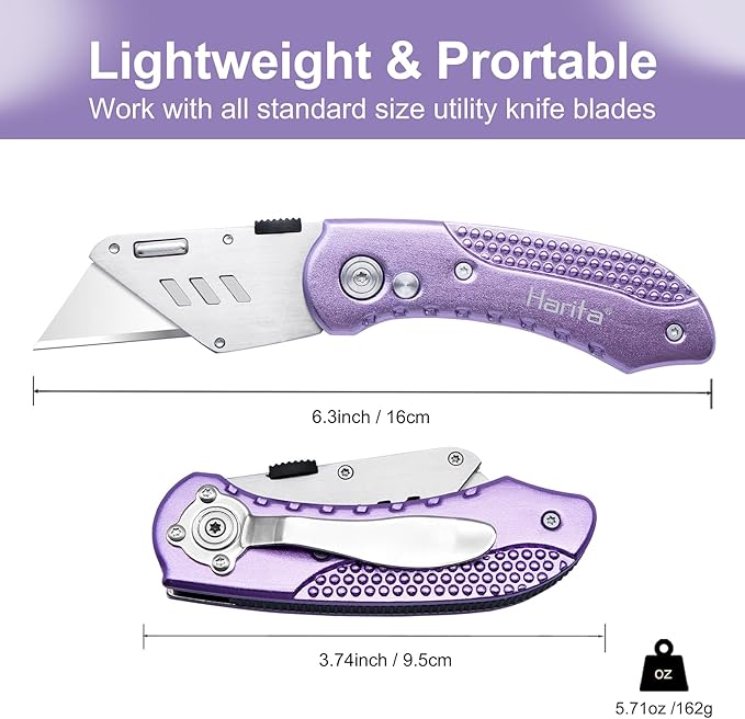 Harita Utility Knife Box Cutter Quick Change Blades, Back-lock Mechanism, Portable Belt Clip, with 5-piece Extra Blades, Purple