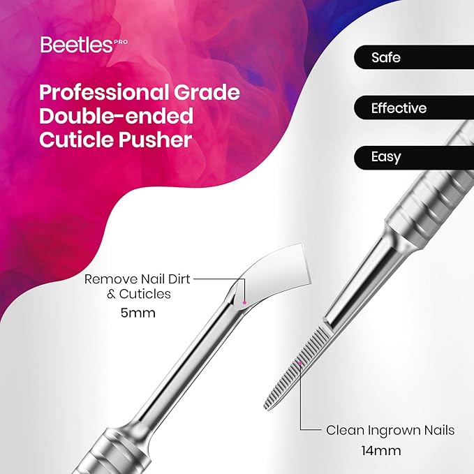 Beetles Pro 1-Pcs Dual-End Nail Pusher & Cuticle Cleaner - 14mm Serrated Edge & 5mm Curved Blade, Ergonomic Anti-Slip Handle, Professional Manicure Tool for Nail Care