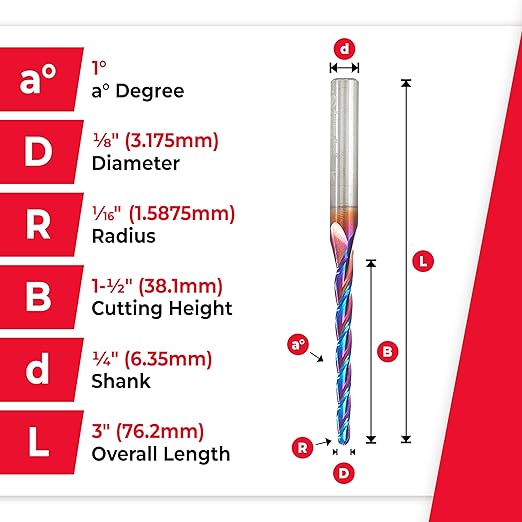 Amana Tool Carbide Up Cut Spiral CNC Router Bits for 2D/3D Carving, 46284-K, 1 Deg Tapered Angle Ball Tip x 1/8 D x 1/16 R x 1-1/2 x 1/4 Shank 3 Flute