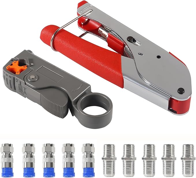 DIANN Coax Cable Crimper Coaxial Compression Tool Kit Wire Stripper with with 5pcs RG6 F Type Connector and 5pcs RG6 Coax Cable Extender (12pcs)