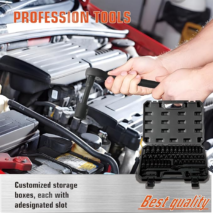 3/8" Drive Impact Socket Set 50-Piece, SAE (5/16-3/4) & Metric (8-22mm), Deep & Shallow with 3/8-Inch Ratchet Handle, 6 Points,Cr-V, Extension Bars, Universal Joint, Gift for Men
