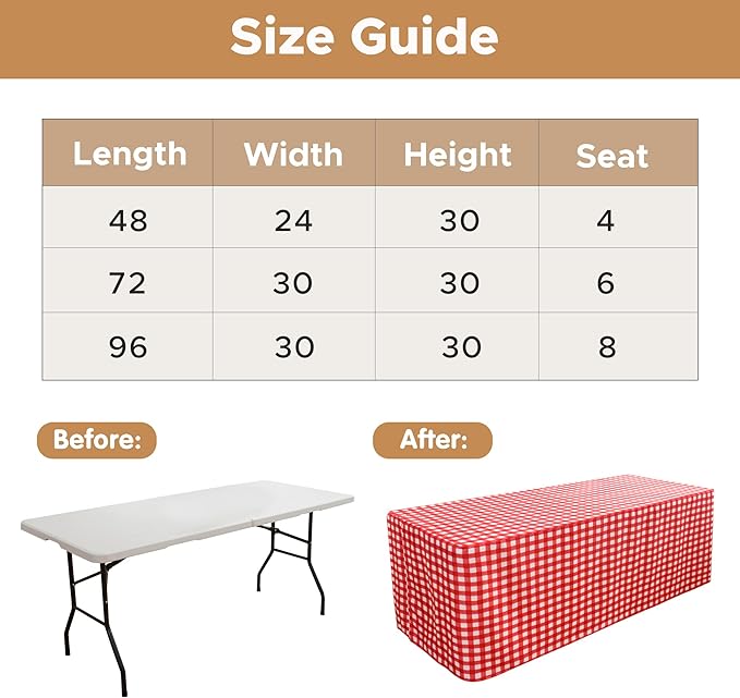 HolidayIdeas Checkered Fitted Table Covers for 8 Foot Tables - 96 x 30 Inch - 2 Pack Rectangle Table Clothes Buffalo Plaid Table Cover for Folding Table, Parties, Picnic, Trade Show (Red and White)