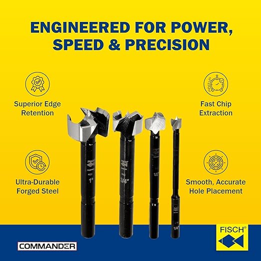 Fisch Black Shark Forged Steel Forstner Drill Bit Set for Woodworking, Precision Wave Design, Clean Cuts in Hardwoods, MDF, and Plywood, Made in Austria (4 Pcs. Set Inc.(1/4" to 1") in Blister Pack)