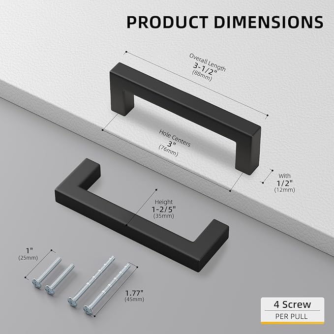 goldenwarm 35 Pack 3 INCH Black Square Bar Cabinet Pull Drawer Handle Stainless Steel Modern Hardware for Kitchen Bathroom Cabinets Cupboard - Center to Center 3in (76mm) Matte Black Drawer Pulls