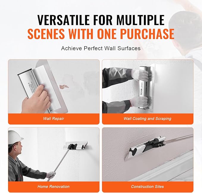 VEVOR Drywall Skimming Blade Set, 7/10/14/16/24 in Skimming Blades + 34-81.6 in Extension Handle Pole, Stainless Steel Knife Professional Skim Coat Tools, for Gyprock/WallBoard/Plasterboard