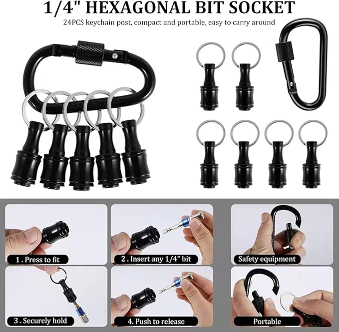 Bit Holder Keychain 6pcs - 1/4 inch Hex Shank Bit Holders - Quick Release Design for Nut Driver, Screwdriver & Drill Bits - Aluminum Alloy, Black - Include Keychain Carabiner - Gift for Men