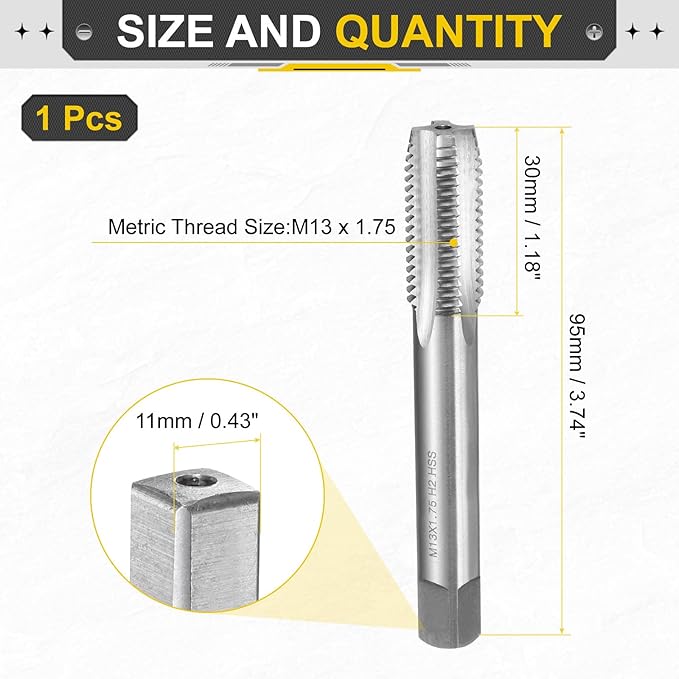 uxcell Hand Plug Tap M13 x 1.75 H2 Metric Thread Plug Style Taps Straight Flute Screw Tapping Threading Tool High Speed Steel HSS6542