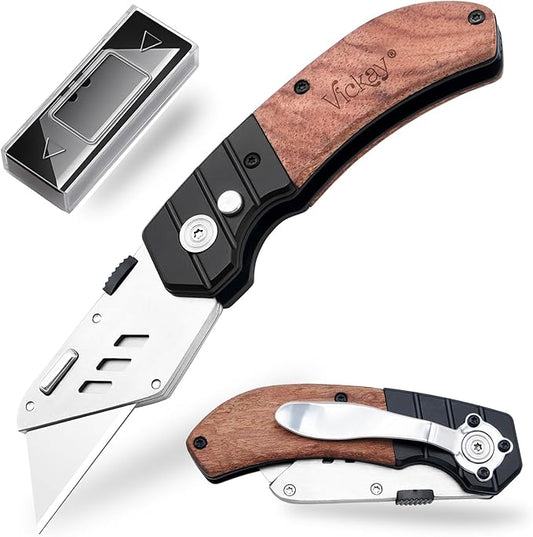 Vickay Utility Knife with Belt Clip, Heavy Duty Box Cutter Knife for Cartons, Cardboard, Carpet and Leather, Razor Knife with Wood Handle and Extra 5 SK5 Blades