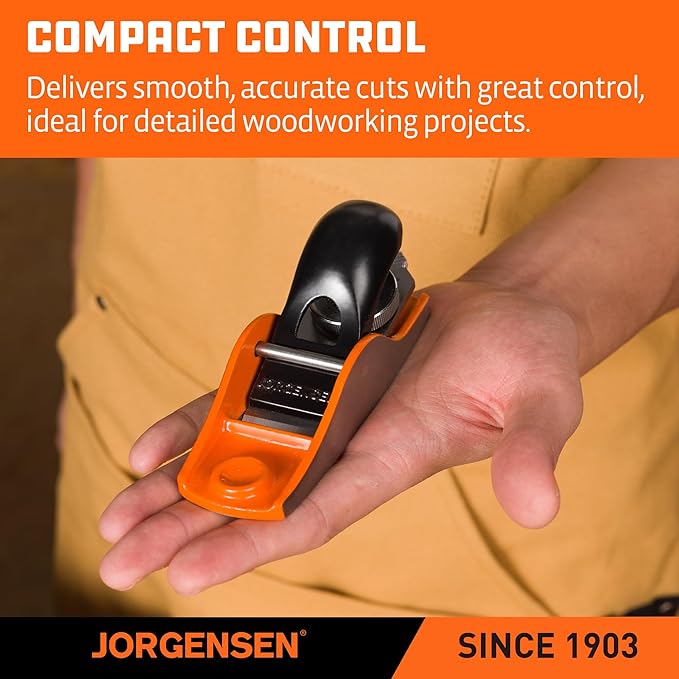 JORGENSEN 5-1/4" Wood Planer, Hand Planer for Woodworking, Low Angle Block Plane, Small Hand Plane for Detail Trimming, Wood Planing, Craft - Professional Ductile Iron Body, Adjustable Cutting Depth