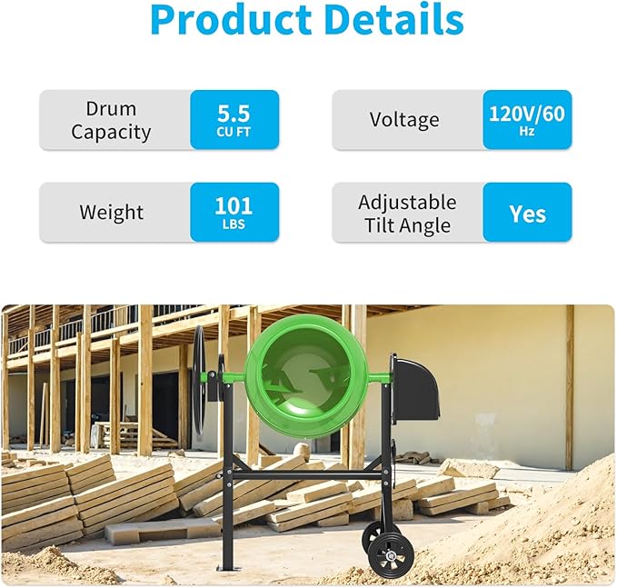 5.5 Cu.Ft. Concrete Mixer, Heavy Duty Portable Concrete Mixer with Wheel & Stand, Electric Cement Mixer Machine with 140L Drum, 120V Motor for Concrete, Mortar,Seeds, and Feed,Green.