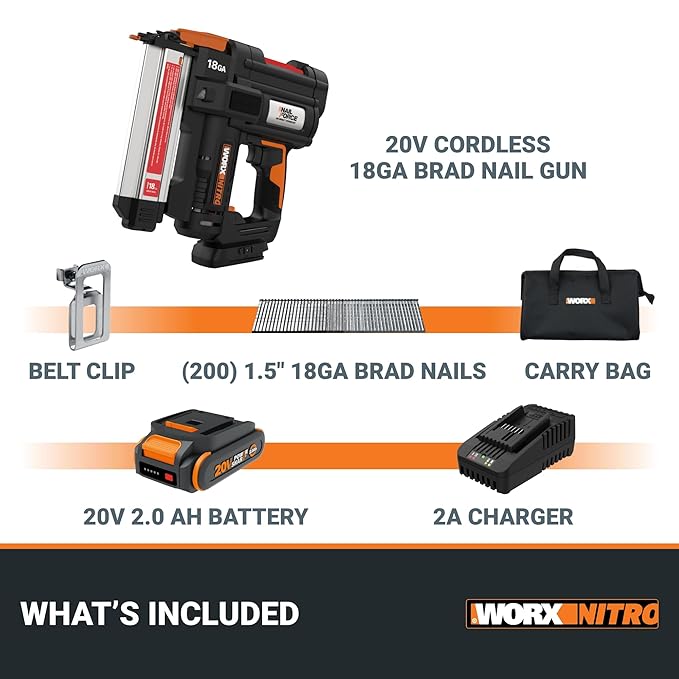 Worx Nitro 20V 18GA Cordless Brad Nailer, Cordless Nail Gun, Nail Gun Battery Powered, Up to 2 Inch, Tool-Free Jam Release, Trimming & Molding, Baseboard WX842L PowerShare ??Battery, Charger Included