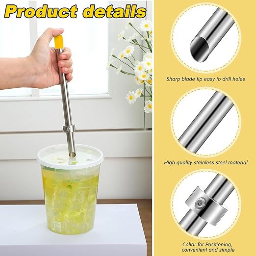 Lasnten 2 Pack Straw Puncher for Plastic Lids Lemonade Cups, Stainless Steel Straw Hole Puncher Punching Tools for Cafe Drinks Deli Container Squeezed Fresh Lemonade Stand Supplies (8.7 Inch,Yellow)