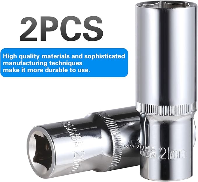 2-Piece 21mm Deep Sockets, 1/2-Inch Drive, 6-Point, 3.1'' Length, Corrosion Resistance, Compatible with Standard Ratchet Wrenches and Tools