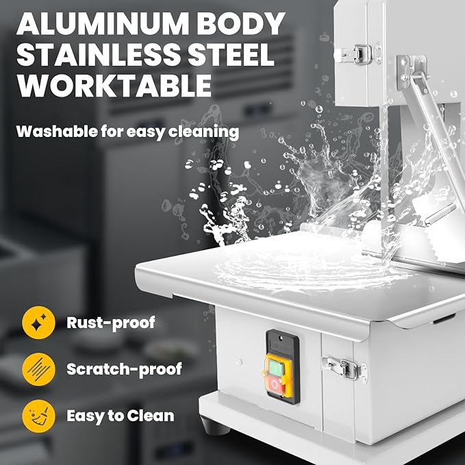 1500W Electric Meat Band Saw, Stainless Steel Tabletop Electric Cutting Machine with 8 Saw Blades, 0.04-4.3 Inch Cutting Thickness, 20x15 in Table Sawing for Chicken Fish Trotter Beef (1500W)