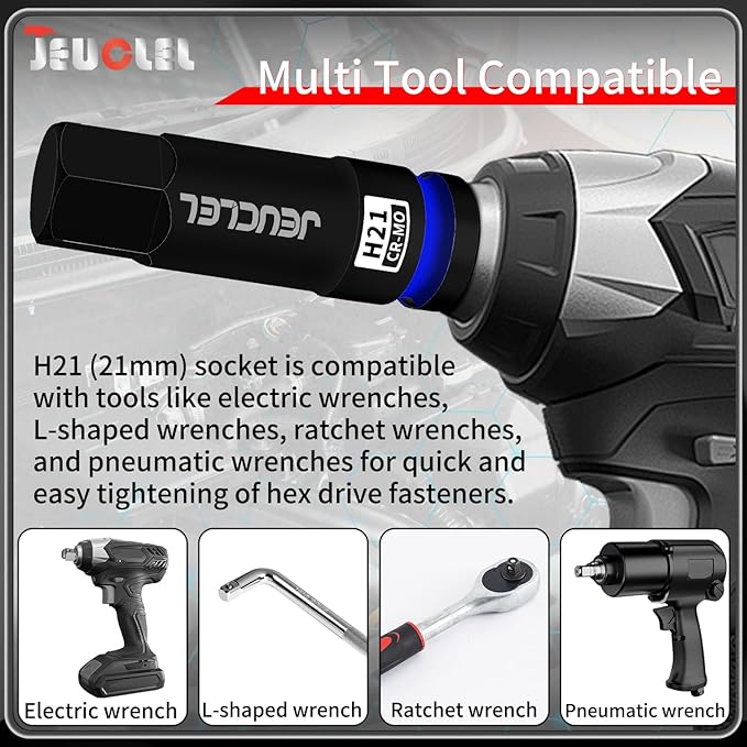 21mm Hex Impact Bit Socket, H21 1/2-Inch Impact Drive Allen Socket, Cr-Mo Steel Lengthen Hex Screwdriver Adapter for Electric Ratchet Wrenches Fastening Screws