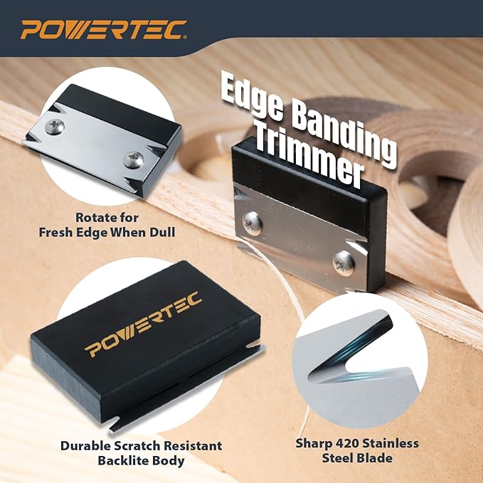 POWERTEC Single Edge Banding Trimmer – 420 Stainless Steel Blade & Bakelite Body – 4-Cutting Edge Design for Veneer, PVC, ABS & Wood Edge Banding – Push or Pull Operation (72281)
