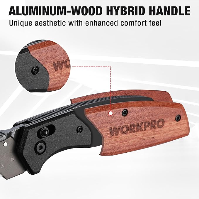 WORKPRO Folding Utility Knife, Razor Blade Knife with Axis Lock, Quick Change Box Cutter, EDC Wood Handle Foldable Pocket Cutter, Extra 10PC SK5 Blades Included