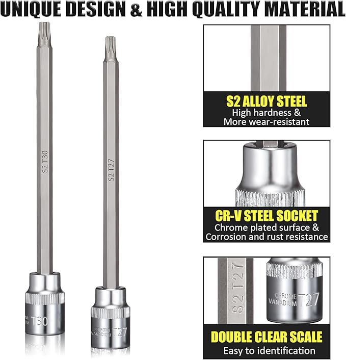 15-Piece Extra Long Torx Bit Socket Set 3/8" Drive T10-T60 Long Torx Bit Set, CR-V and S2 Steel, 6" Length