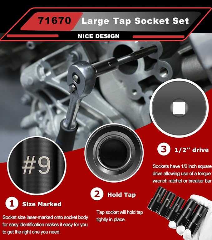 71670 Large Tap Socket Set, 5 PC. Tap Socket Adapter Compatible with M.C.T.I. Standard Taps 5/8", 11/16", 3/4", 7/8" and 1" (Number and Fractional)