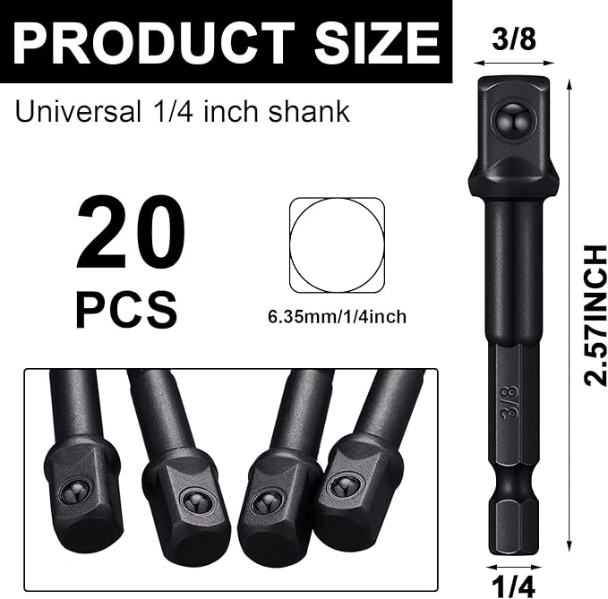 Mudder 20 Pieces 3/8 Inch Impact Adapter Square Socket Bit Adapter Hex Impact Socket for Drills Extension Accessory Driver Bits for Automotive DIY-1/4 Hex Shank(Black)