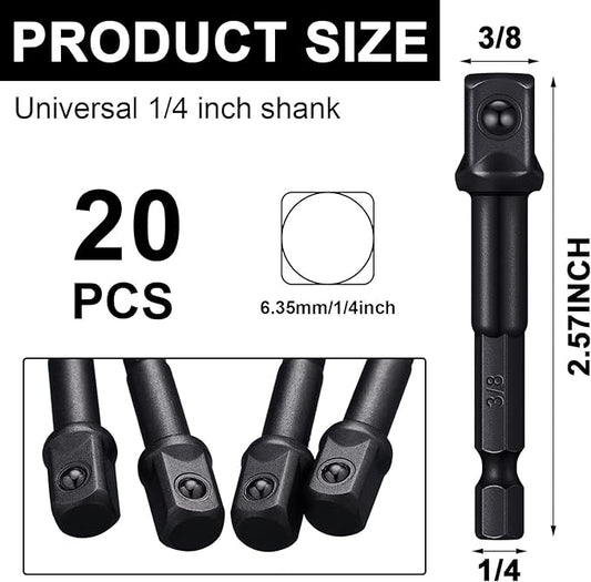 Mudder 20 Pieces 3/8 Inch Impact Adapter Square Socket Bit Adapter Hex Impact Socket for Drills Extension Accessory Driver Bits for Automotive DIY-1/4 Hex Shank(Black)