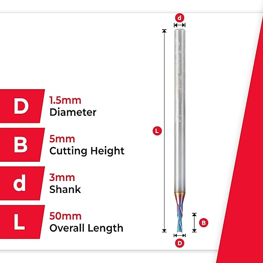 Amana Tool 48210-K SC Spektra Extreme Tool Life Coated Spiral Plunge 1.5mm Dia x 5mm CH x 3mm SHK 50mm Long Down-Cut Router Bit for Drilling Shelf Pin Holes