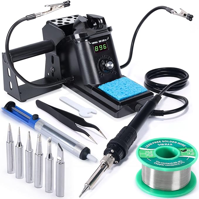 YIHUA 926 III 60W Digital Display Soldering Iron Station Kit w 2 Helping Hands, 6 Extra Iron Tips, Lead-Free Solder, Solder Sucker, S/S Tweezers, 째C/쨘F Conversion, Auto Sleep & Calibration Support