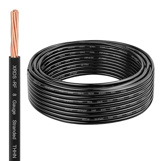 XRDS-RF THHN Wire 25FT, 8AWG Stranded Copper THHN Electrical Wire, Black Nylon-Coated Thermoplastic Insulated Cable for Indoor Conduit Wiring, 600V Rated
