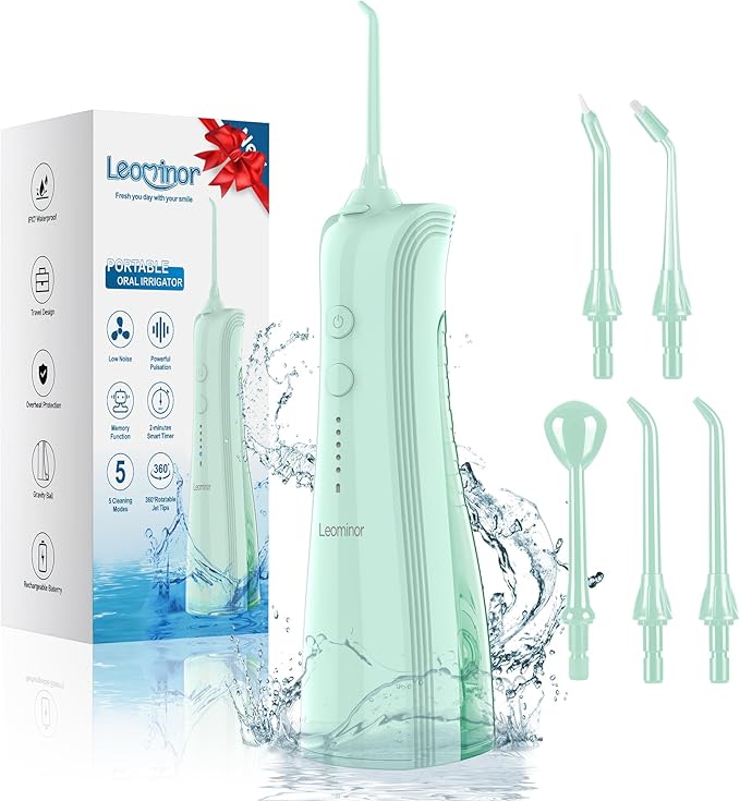Leominor Water Flosser - 5 Modes Cordless Portable Oral Irrigator, IPX7 Waterproof, Rechargeable Teeth Cleaner Professional Flossing Cleaning Pick for Home Travel (Green)