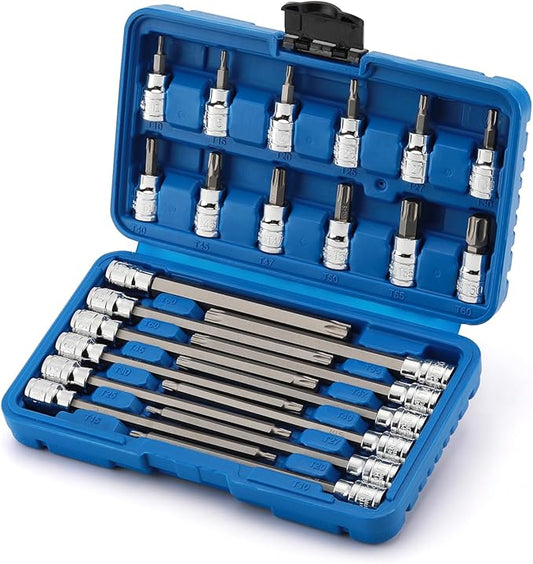 CASOMAN 3/8"Drive Extra Long and Standard Torx Bit Socket Set, 24 Piece Torx Star Bit Set, T10 to T60, Length: 150mm, CR-V & S2 Steel