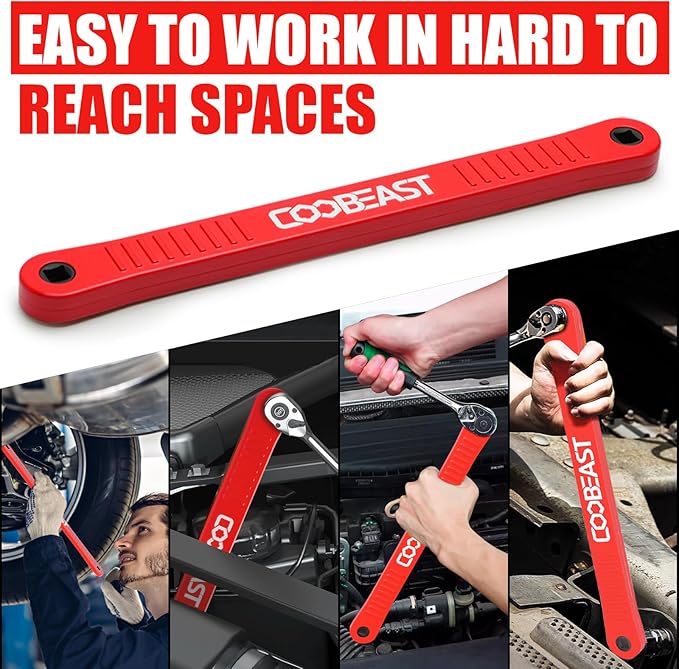 Red Offset Extension Wrench Impact Ready Socket Wrench Extender Tool with Versatile 1/4", 3/8", and 1/2" Square Drive Adapters, Universal Extensions Wrench for Small Place