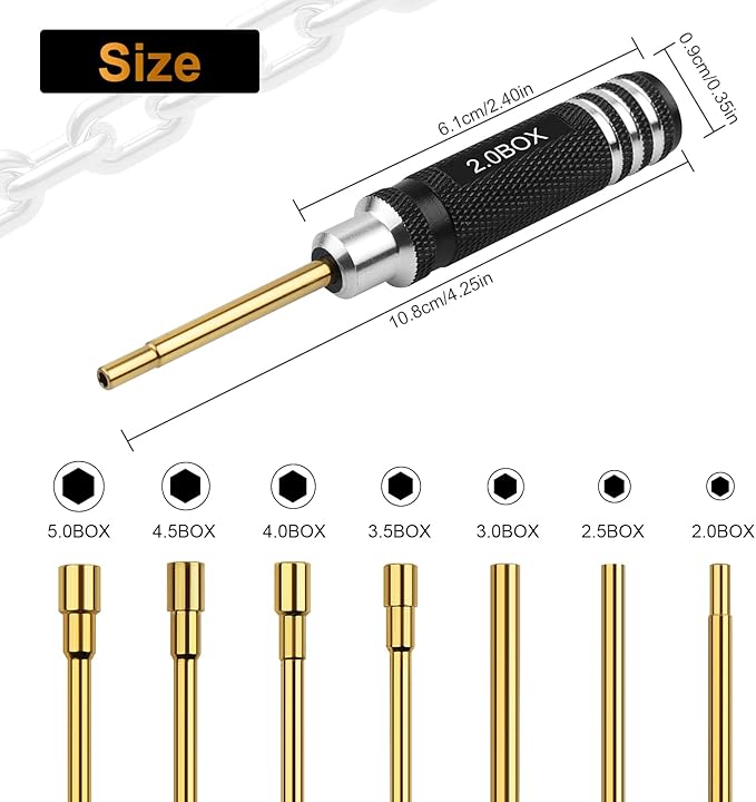 RC Tools Kit 7PCS Hex Nut Screwdriver Set with 5.0/4.5/4.0/3.5/3.0/2.5/2.0 Box Hobby Tools Hexagon Nut Wrench Repair Tools Compatible with SCX24 Traxxas Redcat RC Cars Trucks