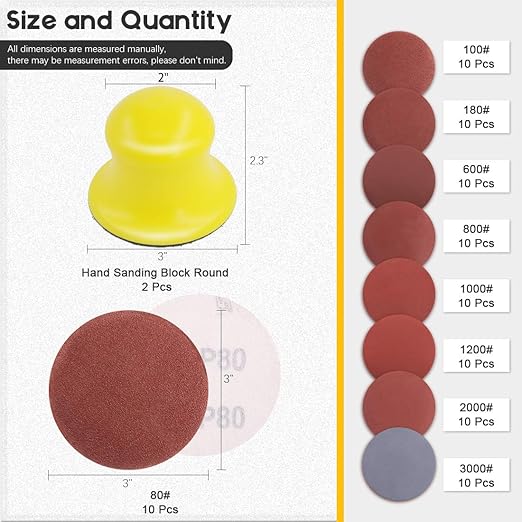 Glarks 92Pcs 3 Inch Hook and Loop Hand Sanding Block Round Sanding Pad Hook Backing Plate with 90Pcs Hook and Loop Sanding Disc Set for Craft, Woodworking, Furniture Repairing (3 Inch)