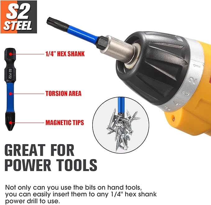 NORTOOLS 38PCS Impact Screwdriver Bit Set,Phillips, Pozi and Torx wih 1/4??Hex-Shank Drill Bits, S2 Magenetic Nut Driver Set for Impact Drills and Power Screwdrivers, Extendable bit Holder