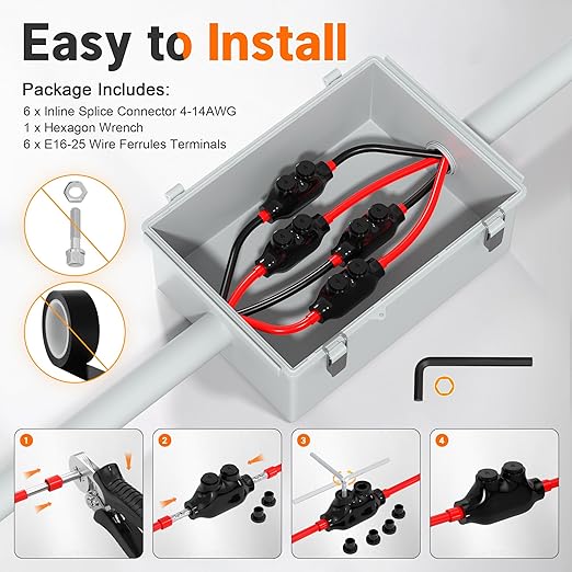 Joinfworld 2 Port Inline Splice Connector 4-14 AWG Aluminum to Copper Wire Connectors Insulated Wire Connectors UL Listed Wire Cable Connectors with 5/32" Slotted Allen Hex - 6 Pack