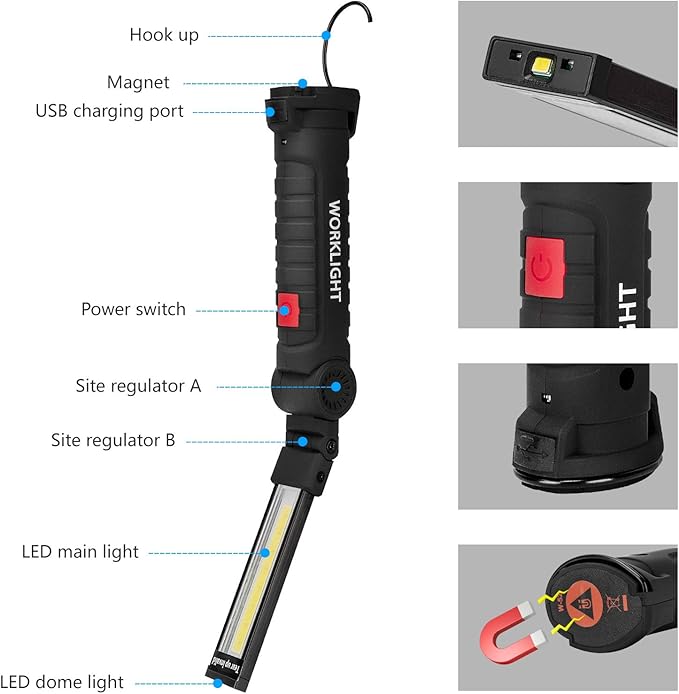 Gifts for Men 3Pack LED Flashlight, Rechargeable Work Lights with Magnetic Base Hook 360째Rotate and 5 Modes Bright LED Flashlight Inspection Light for Car Repair, Grill and Outdoor Use