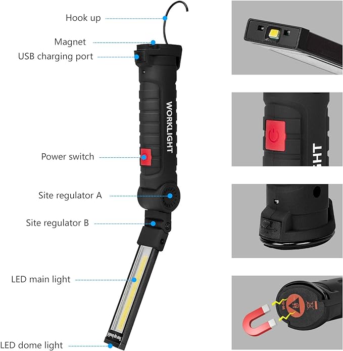 Gifts for Men 4Pack LED Flashlight, Rechargeable Work Lights with Magnetic Base Hook 360째Rotate and 5 Modes Bright LED Flashlight Inspection Light for Car Repair, Grill and Outdoor Use