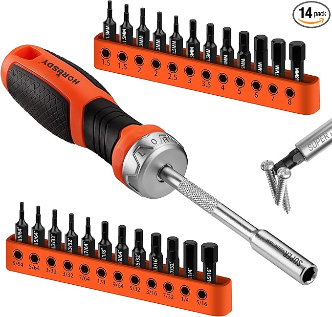 HORUSDY 25-Piece Hex Screwdriver Bit Set | Metric and SAE Hex Bit Set 1/4 inch Ratcheting Magnetic Bit Driver