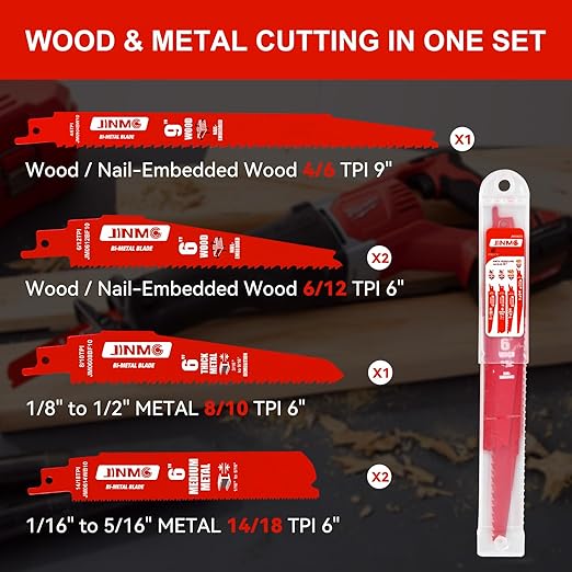 6 Piece Reciprocating Saw Blade Set - for Nail-Embedded Wood and Metal Cutting/Demolition Applications - Variety of TPI, 6 and 9 Inch Lengths - Compatible with Diablo Bi-Metal Blades DS006S