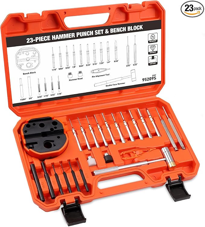 HORUSDY 23-Piece Punch Set Roll Pin Punch Set and Hammer with Bench Block, Punch Tool Ideal for Maintenance