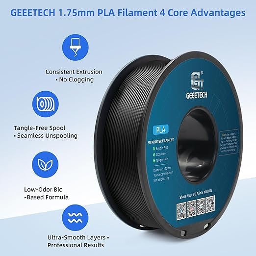 Geeetech PLA Filament 1.75mm Black, 1kg (2.2lbs) Spool, Neatly Wound 3D Printer Filament, Tangle-Free, Dimensional Accuracy +/- 0.02mm, Fits Most FDM 3D Printers