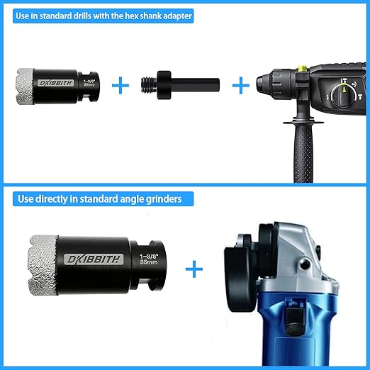 Dry Diamond Core Drill Bits 1-3/8 Inch (35mm) Tile Hole Saws for Porcelain Ceramic Tile Marble Brick Hole Saw with 5/8-11 Thread Plus 3/8 Inch Hex Shank Adapter