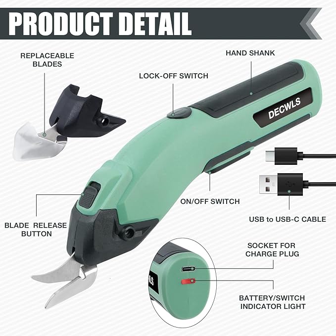 Cordless Electric Scissors for Fabric, 4V Rechargeable Cardboard Scissors with 3 Replaceable Sharp Blades, Electric Shears for Cutting Fabric, Cardboard, Carpet, Leather, Felt