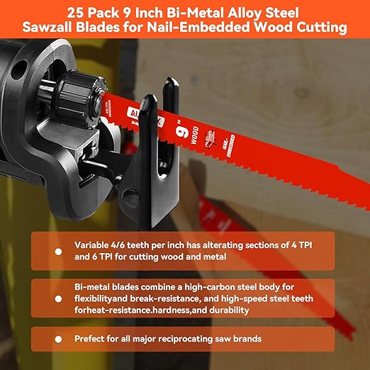 25 Pack 9 Inch 4/6 TPI Reciprocating Saw Blades for Wood and Nail-Embedded Wood Cutting, Bi-Metal Sawzall Blades for Cutting Nail and PVC Pallets etc, for Diablo Sawzall Blades DS0912BW25
